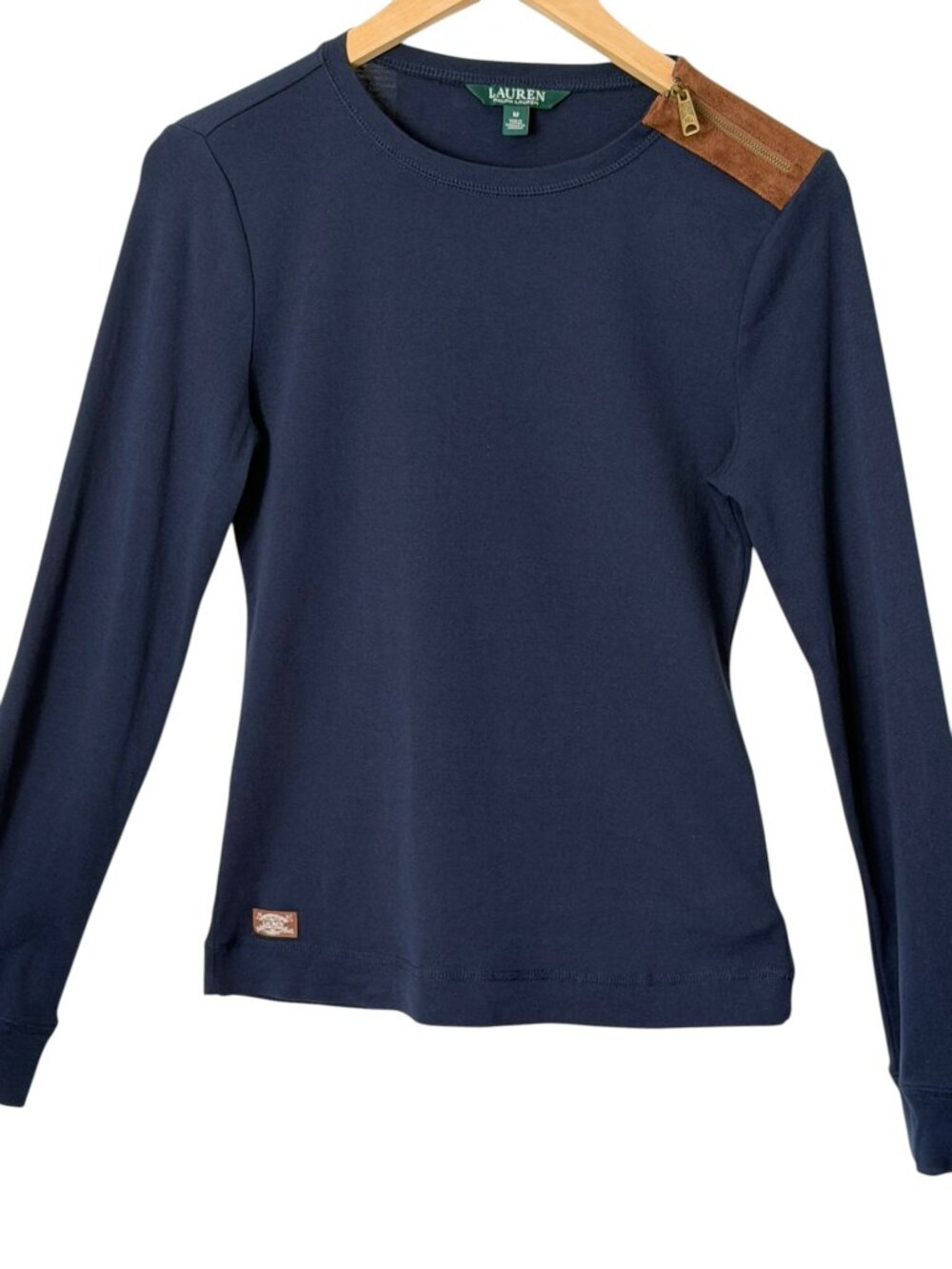 Lauren Ralph Lauren Cotton Faux Suede Elbow Patch Shoulder Zip Equestrian Navy M